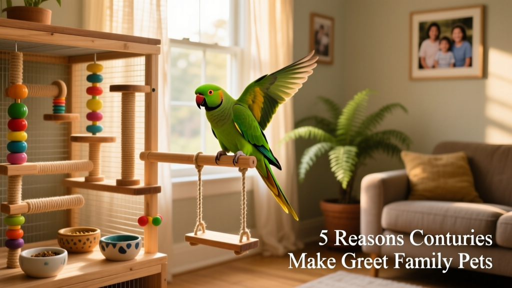 A cozy, well-equipped conure habitat with perches, toys, food bowls, and a small swing—set beside a sunny window in a living room