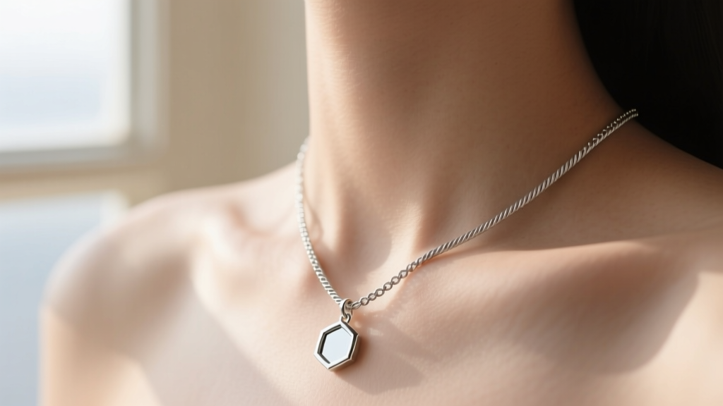 Close-up of an 18-gauge sterling silver cable chain on a collarbone, featuring a tiny geometric pendant in soft natural light.