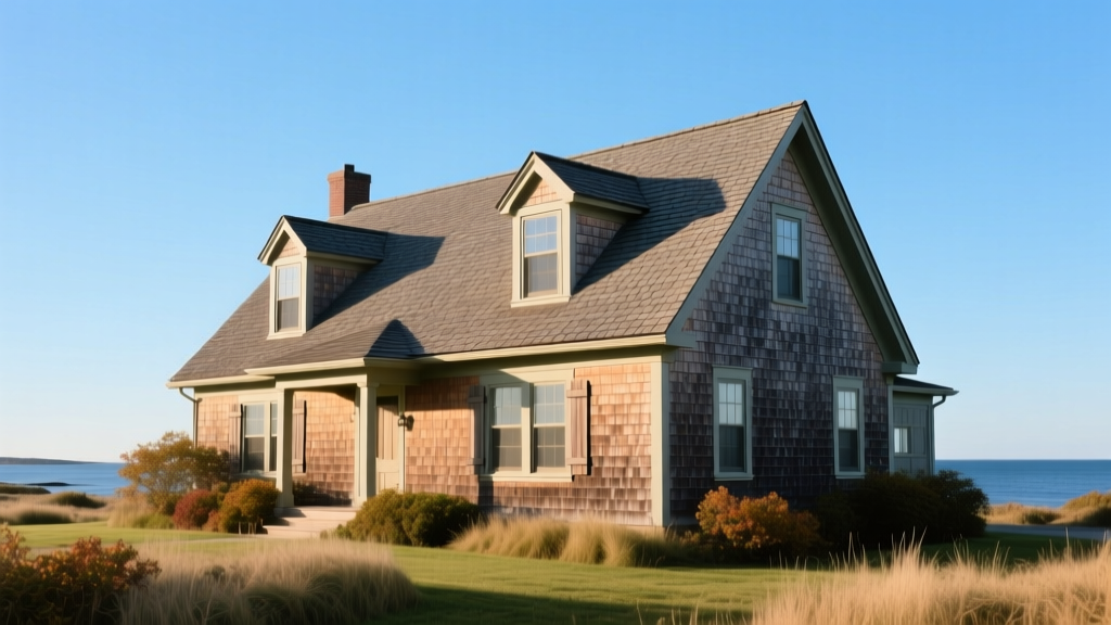 Classic Cape Cod house with steep pitched architectural shingle roof, side gables, and dormer windows against a clear sky