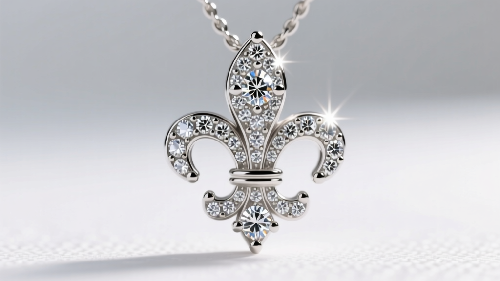 Macro shot of a pave-set diamond fleur de lis pendant, highlighting tiny prongs holding round brilliant melee diamonds.