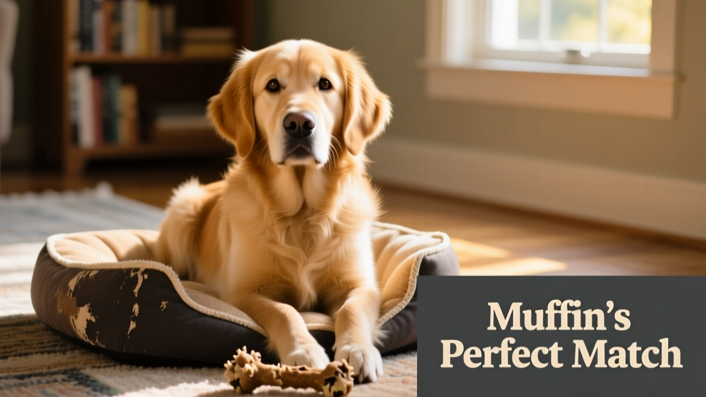 A close-up of Muffin, a young Golden Retriever, sitting calmly beside a cozy dog bed and chew toy