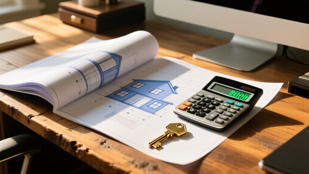 Architectural blueprints spread on a wooden desk next to a financial calculator and a brass house key in a sunny Indiana home office