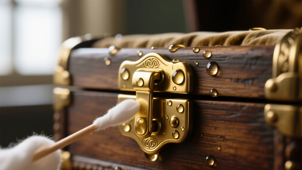 Macro shot of a gold-plated brass clasp on a vintage jewelry box being gently cleaned with a cotton swab and mild soapy solution.