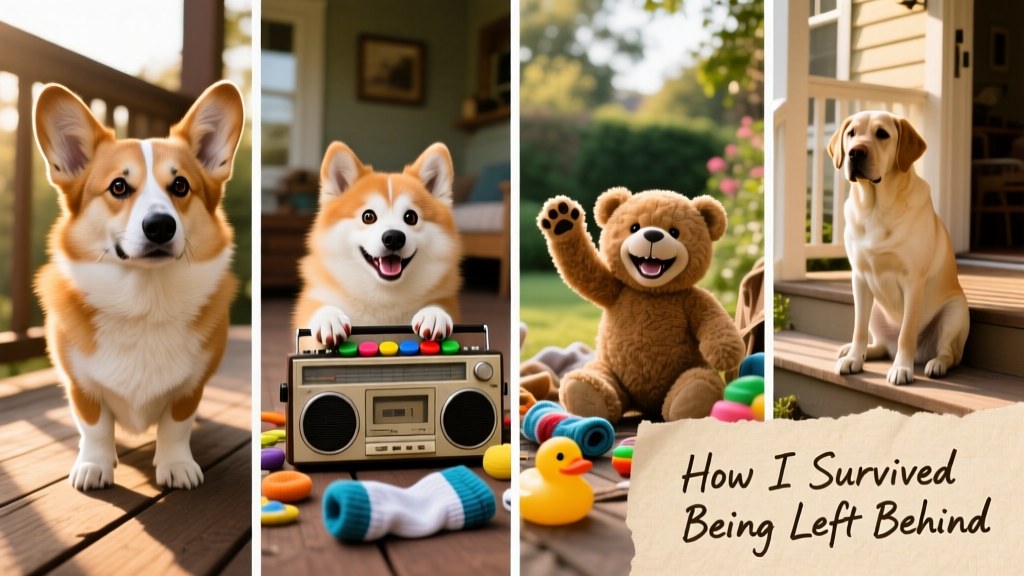 Side-by-side collage: Hammy the Corgi looking stern, Sapphie the Pomsky pressing sound buttons, Teddy the prankster mid-‘setup’