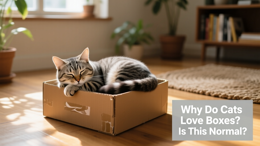 A relaxed cat nestled comfortably inside a medium-sized cardboard box, eyes half-closed, tail curled gently