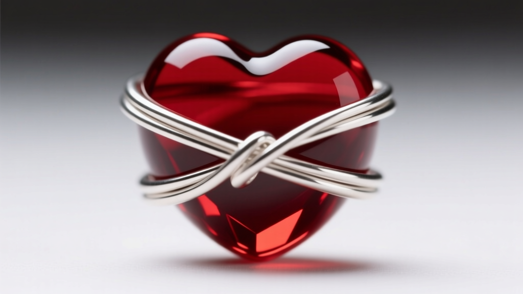 Macro shot of 20-gauge sterling silver wire wrapping securely around the top of a red Czech glass heart bead, showing the loop.