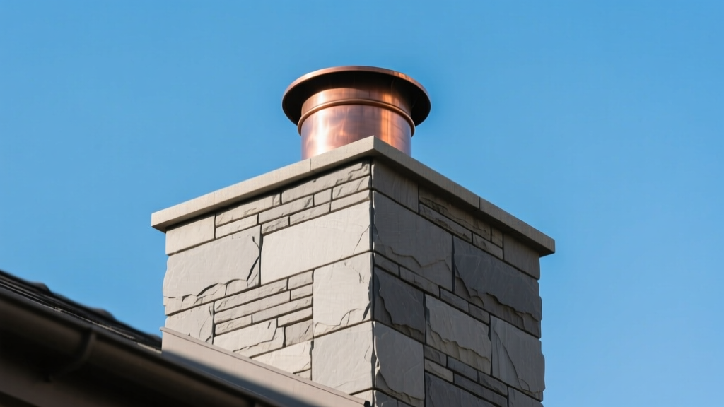 Close-up of a modern exterior chimney clad in warm gray ledgestone veneer, featuring crisp mortar joints and a copper chimney cap against a clear sky