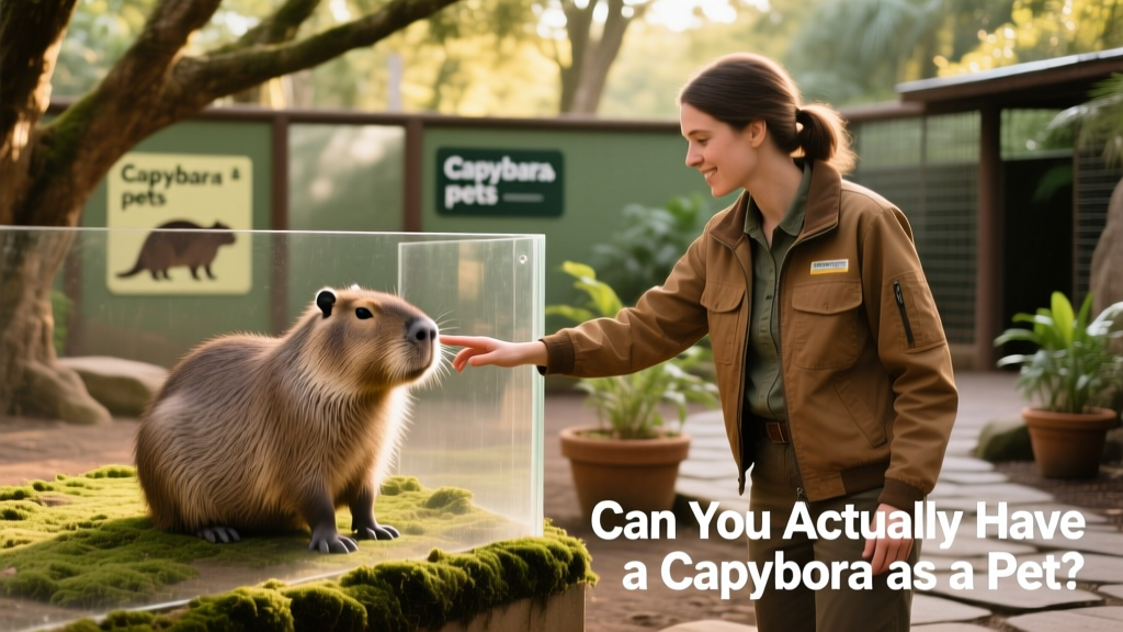 Zoo educator gently guiding a visitor’s hand during a supervised capybara encounter—no direct contact, clear barriers visible