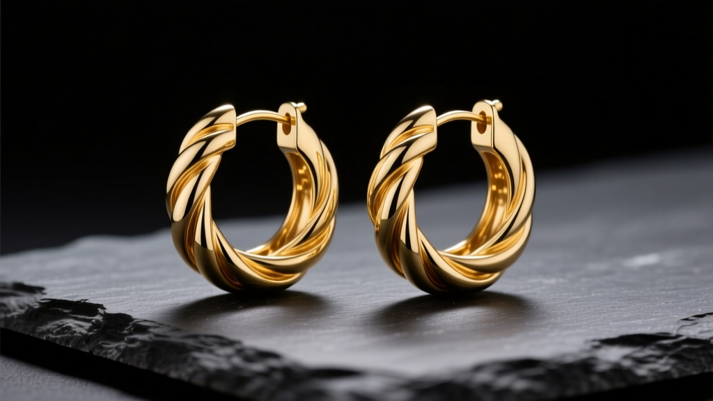 Textured 14k yellow gold twist hoop earrings resting on dark slate, illuminated by soft directional studio lighting