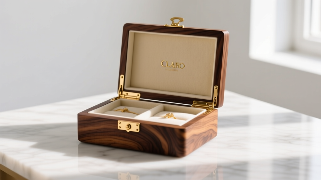 Claro walnut burl wood jewelry box on marble, open to reveal cream suedette lining and brass hinges under warm lighting.