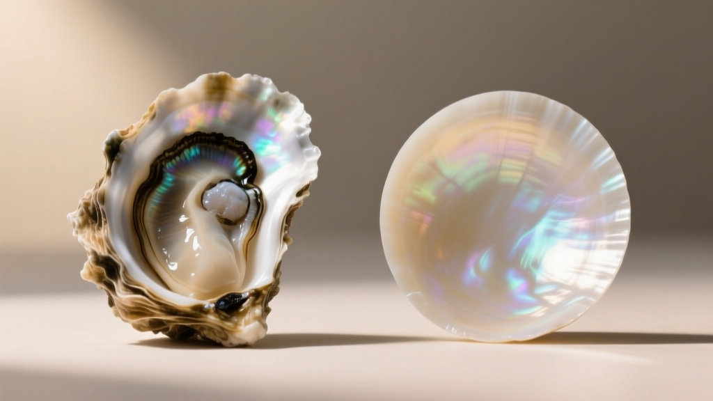 Studio-lit comparison showing raw Pinctada maxima oyster shell on the left and a polished translucent Trocas shell disc on the right.