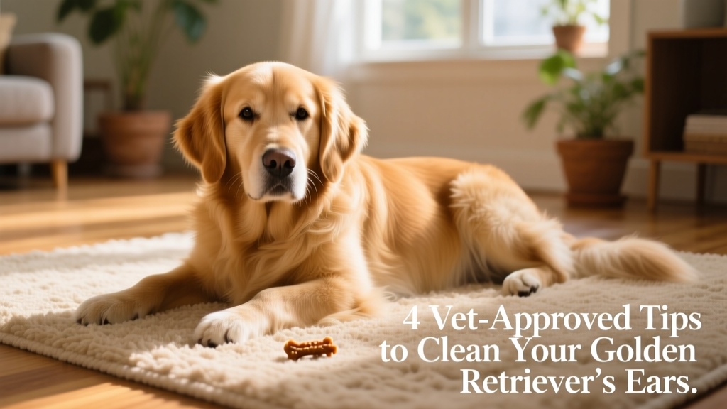 Golden Retriever lying comfortably on a rug, looking relaxed with clean, shiny ears and a treat nearby