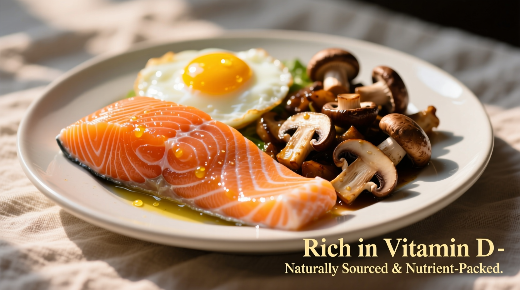 Colorful plate of salmon, eggs, and mushrooms rich in vitamin D