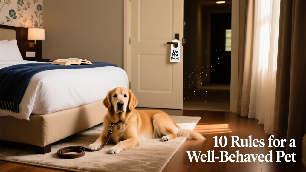 A calm, leashed dog resting peacefully beside a neatly made hotel bed with a 'Do Not Disturb' sign on the door