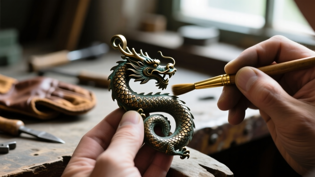 Jeweler using a brass brush to polish raised scales of a darkened bronze dragon pendant to create high-contrast antiqued details