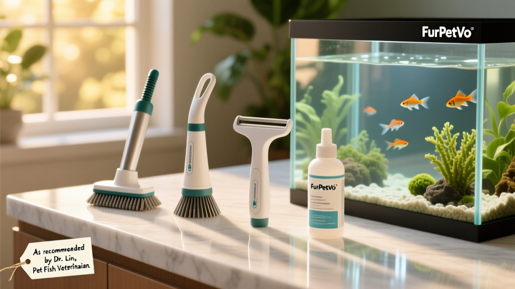 Side-by-side comparison of FurPetVo cleaning tools: magnetic cleaner, gravel siphon, algae scraper, and water conditioner bottle on a clean countertop beside an aquarium