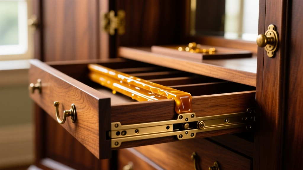 Close-up of wooden drawer glide tracks inside a jewelry armoire being treated with natural beeswax to ensure smooth operation