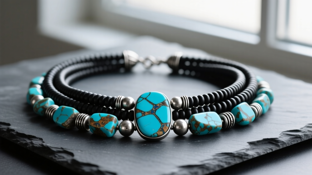 Heavy multi-strand Navajo turquoise nugget necklace on dark slate, featuring raw blue stones and oxidized sterling silver beads