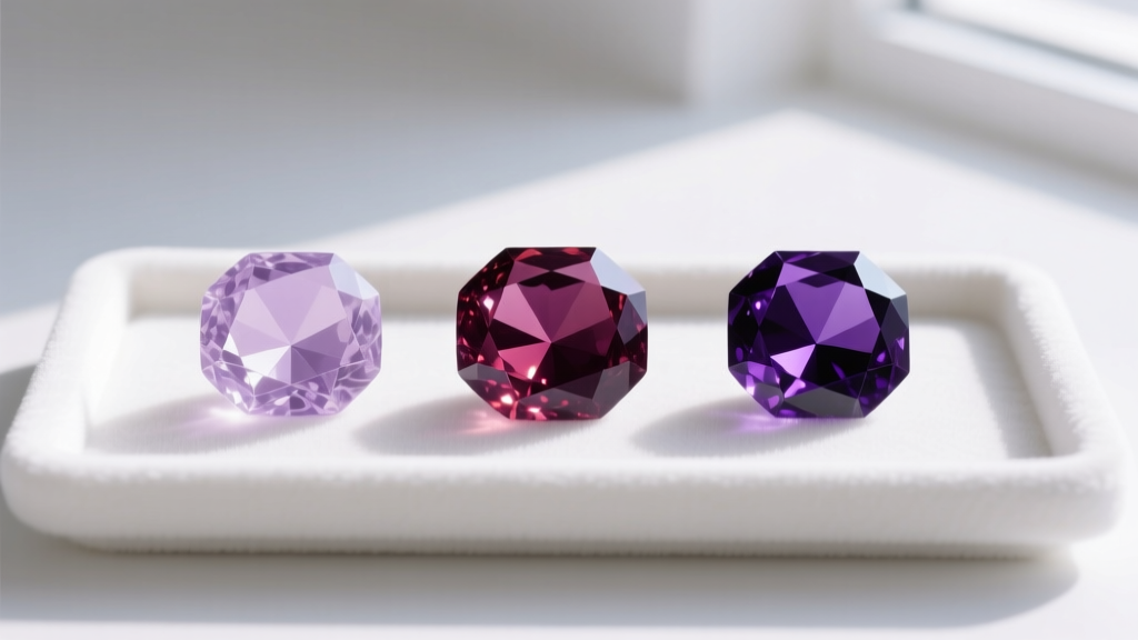Macro shot comparing three amethyst gems: pale lavender, medium reddish-purple, and deep Siberian violet, on a white velvet tray