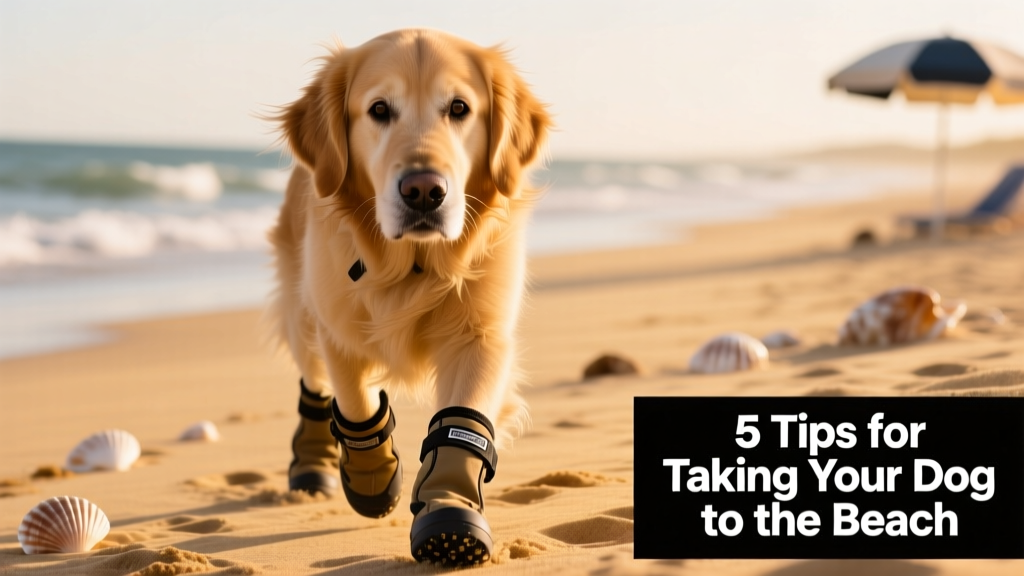 Close-up of a dog wearing protective boots walking confidently on warm sand