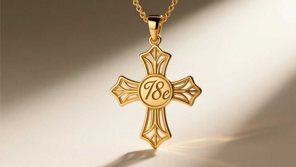 Macro shot of an 18k gold hallmark on an Art Deco antique cross necklace bail, illuminated by a bright jeweler's loupe light