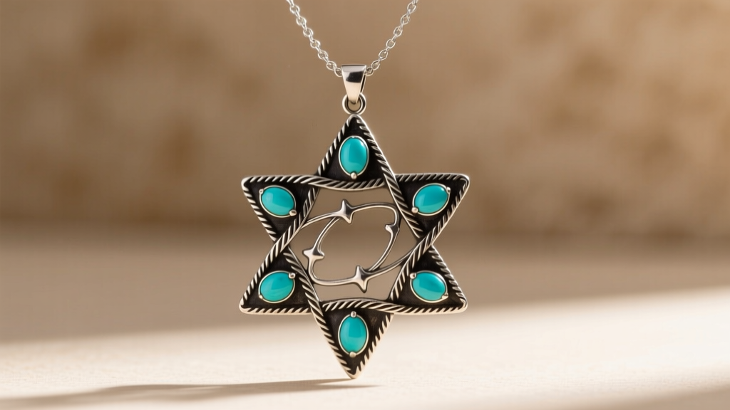 Mid-century Bezalel silver Star of David necklace featuring Yemenite filigree, turquoise cabochons, and a dark oxidized patina.