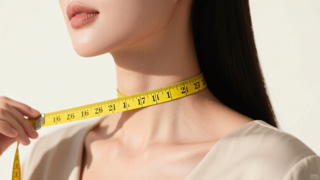 Close-up of a woman using a yellow soft measuring tape around her collarbone to determine the ideal 16-inch choker necklace fit