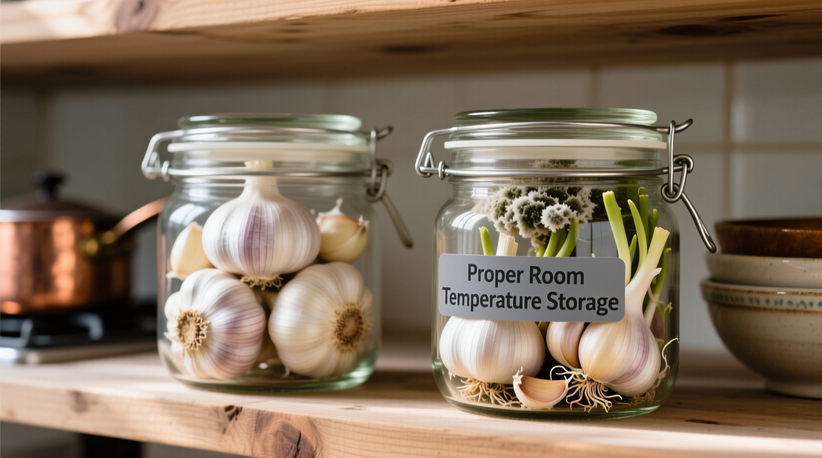 Garlic storage comparison showing proper room temperature storage