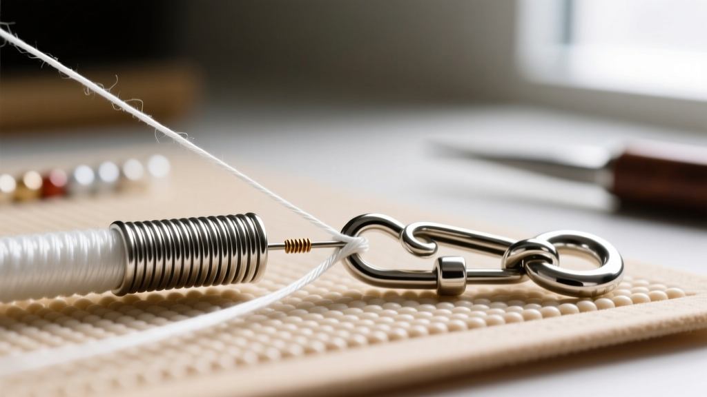 Macro shot of 1mm micro crimp tubes and a wire guardian securing nylon thread to a sterling silver lobster clasp on a beading mat