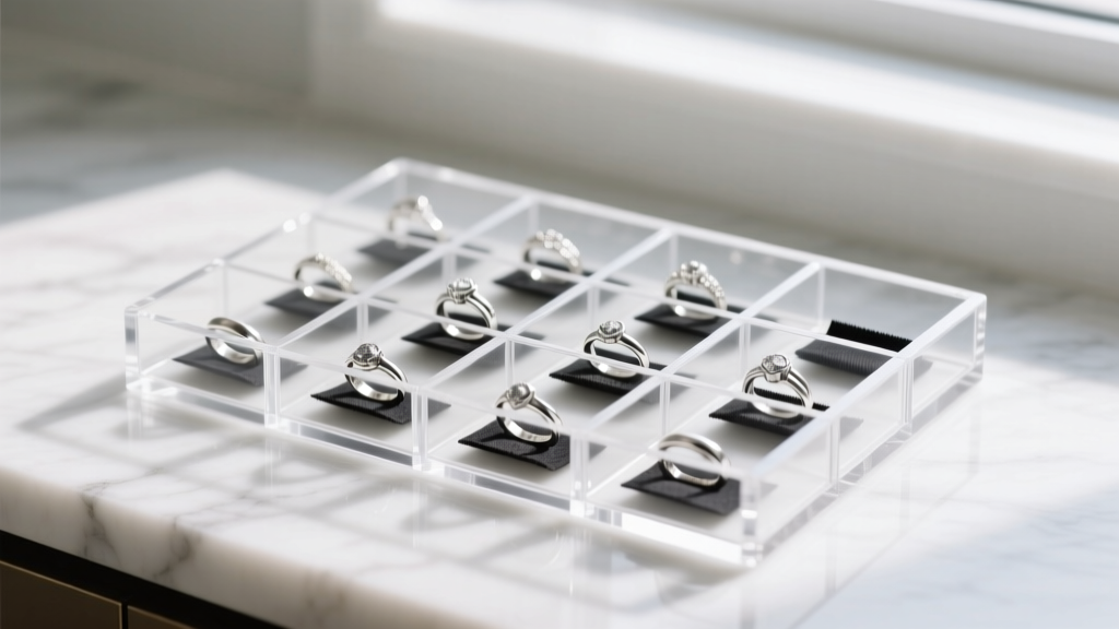 Airtight acrylic jewelry organizer holding sterling rings with small anti-tarnish charcoal strips placed inside each compartment