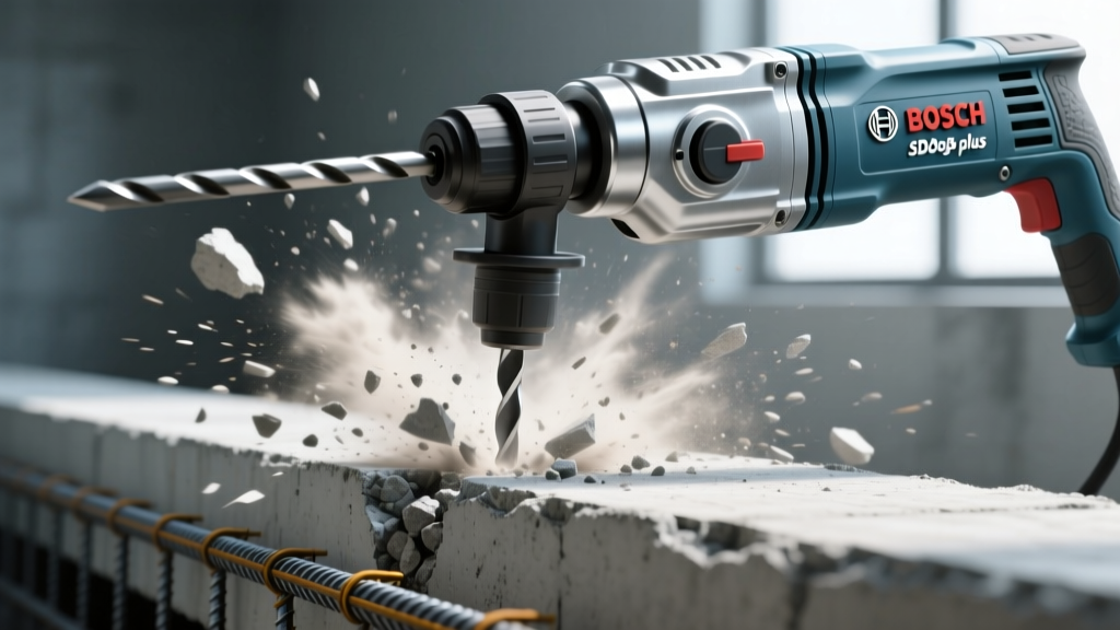 Close-up of a Bosch Bulldog SDS-plus rotary hammer drilling into a reinforced concrete slab with visible carbide dust and debris