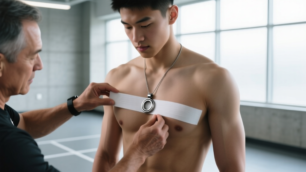 Trainer applying white athletic tape over a titanium pendant on a chest to comply with high school sports safety regulations.