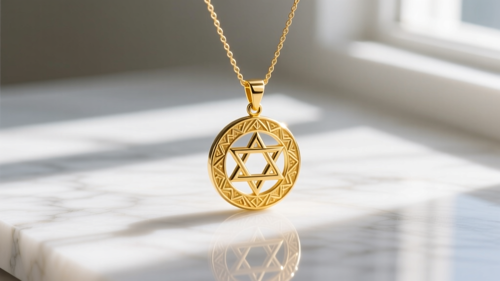 Solid 14k yellow gold Seal of Solomon necklace with a delicate cable chain on white marble, reflecting bright natural sunlight