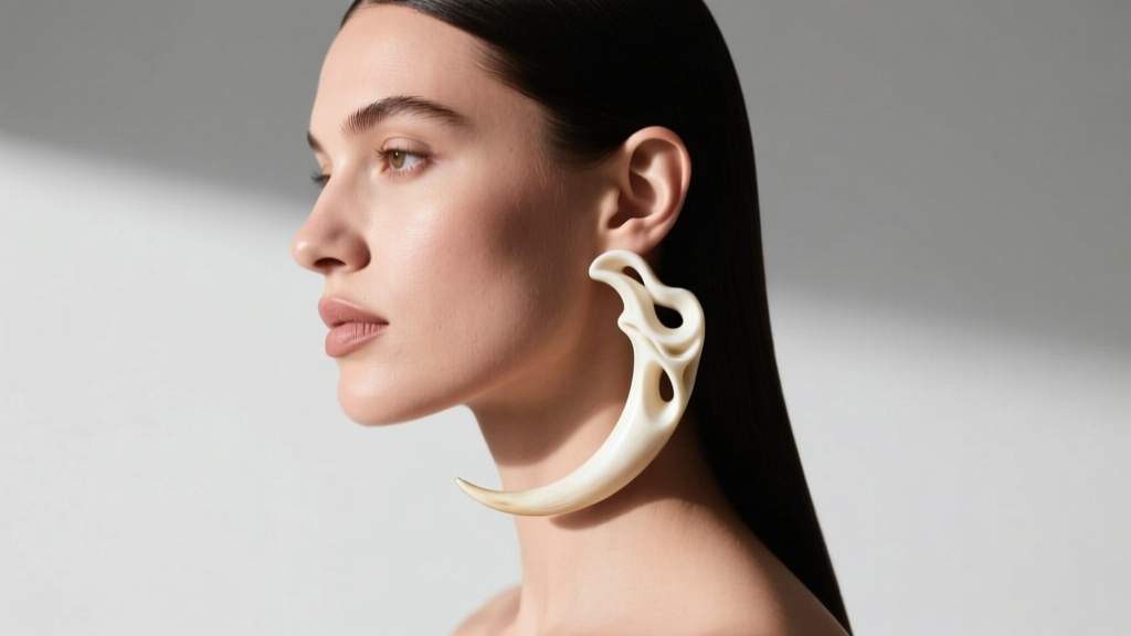 Model wearing a lightweight carved horn Monies earring, showing how the earlobe comfortably supports the sculptural drop weight.