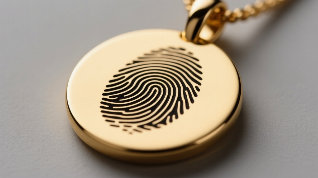 Macro shot of a fiber laser engraved fingerprint on a 15mm 14k gold disc pendant, showing deep, high-contrast blackened grooves