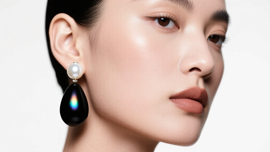 A model wearing black and white pearl earrings, contrasting a dark Tahitian drop with a bright Akoya stud in soft studio lighting.
