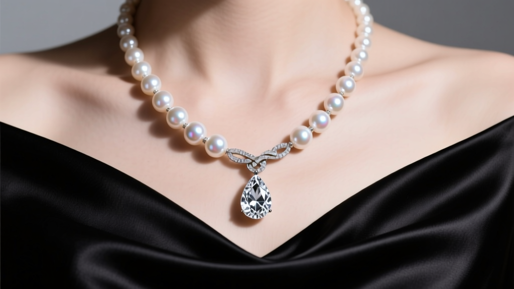 Close-up of a silk-knotted Akoya pearl and pear-shaped diamond lariat necklace draped over a black silk evening gown, soft shadows