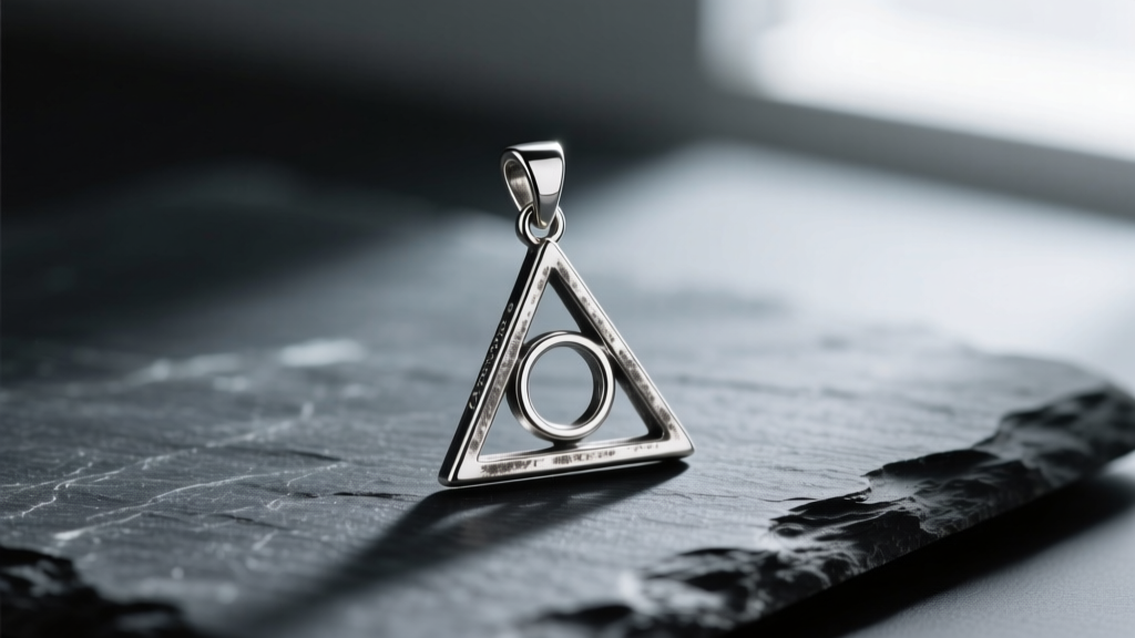 Close-up of an oxidized 925 sterling silver Deathly Hallows pendant on dark slate, highlighting the geometric triangle and circle.