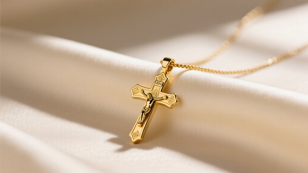 14k yellow gold crucifix pendant on a 1.2mm cable chain resting on cream silk fabric under soft natural window lighting