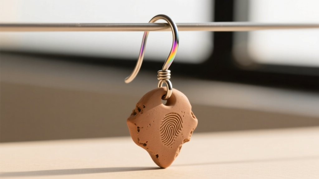 Extreme close-up of a 20-gauge niobium ear wire attached to a handmade clay dangle, highlighting the hypoallergenic metal finish.