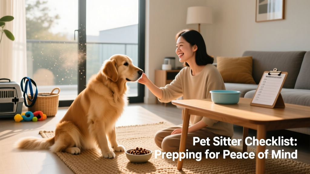 A calm dog meeting a friendly pet sitter in a living room, with treats nearby