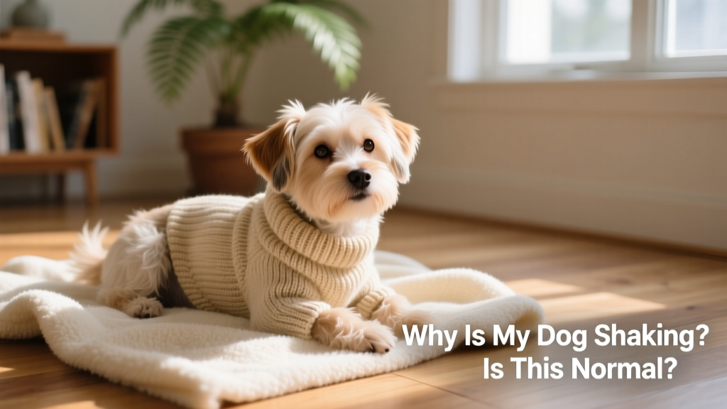 A small dog wearing a cozy sweater and resting on a soft blanket indoors