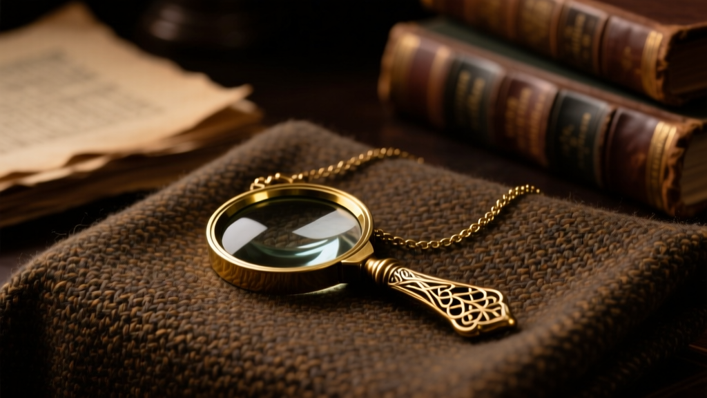 Antique brass magnifying glass necklace resting on textured tweed fabric, illuminated by moody, warm dark academia lighting