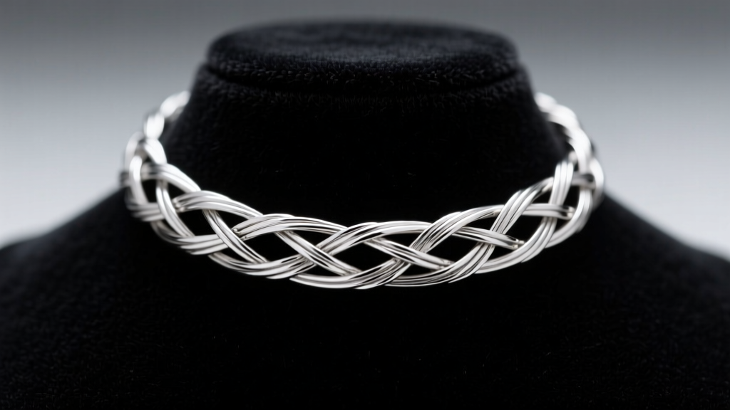Steel wire-woven necklace choker tattoo with a dark rhodium finish on a matte black velvet jewelry bust, macro.
