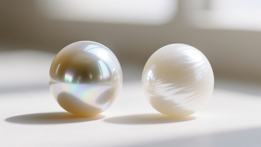 Macro photography comparing the mirror-like luster of an Akoya pearl next to the softer, satiny glow of a white Freshwater pearl.