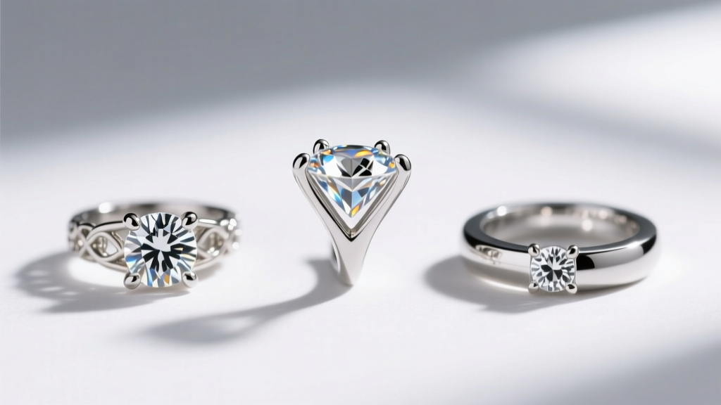 Macro photo comparing three 3mm diamond earring settings: a three-prong martini, four-prong basket, and sleek bezel in platinum