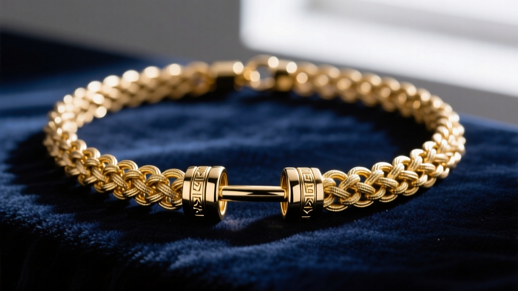 Close-up of a gold Pasquatch necklace with dense woven mesh links and a detailed barrel clasp resting on dark navy velvet.