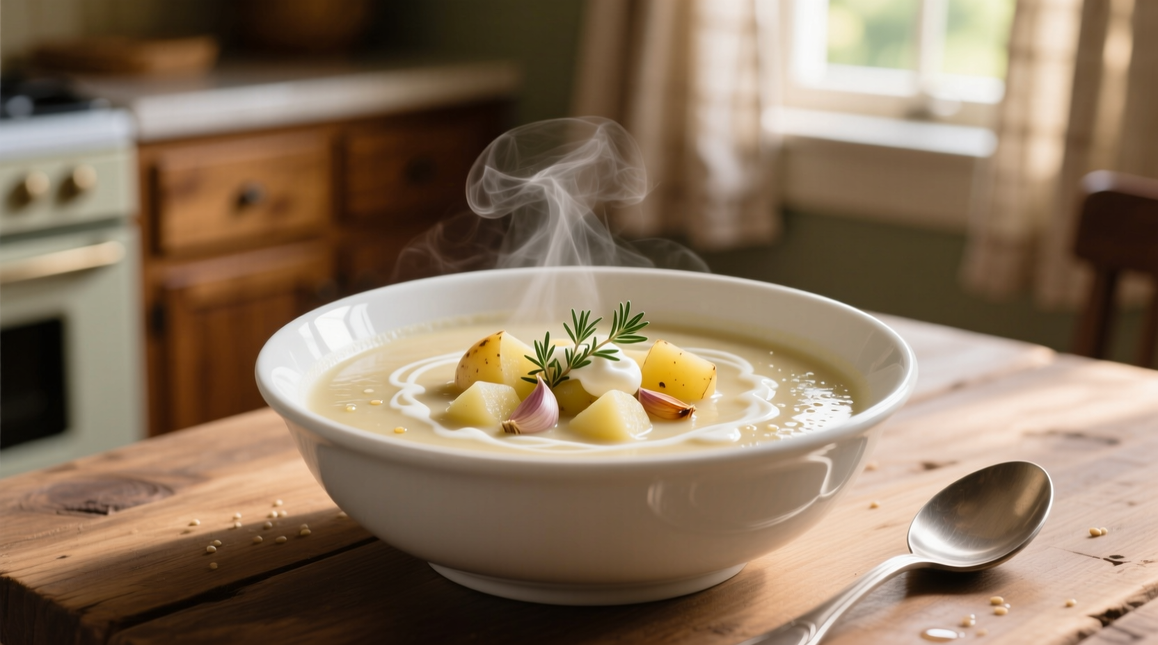 Creamy instant pot potato soup in white bowl