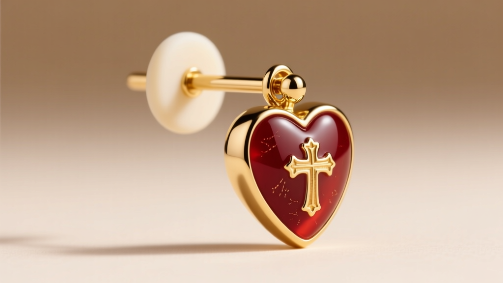 Macro shot of a 20-gauge gold earring post and silicone back securing a heavy sacred heart drop earring under soft studio lighting.