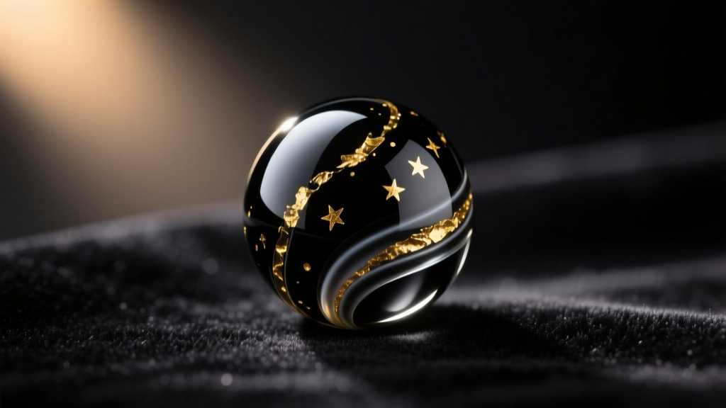 Macro shot of a black Murano glass bead with subtle gold foil inclusions on dark velvet, illuminated by a single warm spotlight.